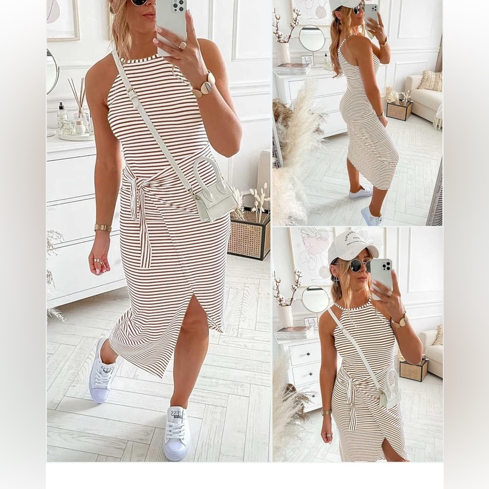 Brown white stripe midi dress L NWOT
